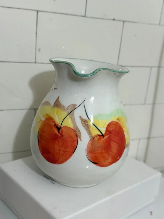 Hand-Painted Ceramic Fruit Pitcher in White with Blue and Orange Accents - Picture 4 of 7